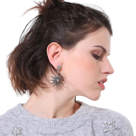 Star Crescent Moon Mismatched Silver Tone Smoky Crystal Dangle Earrings NWT - Picture 8 of 12